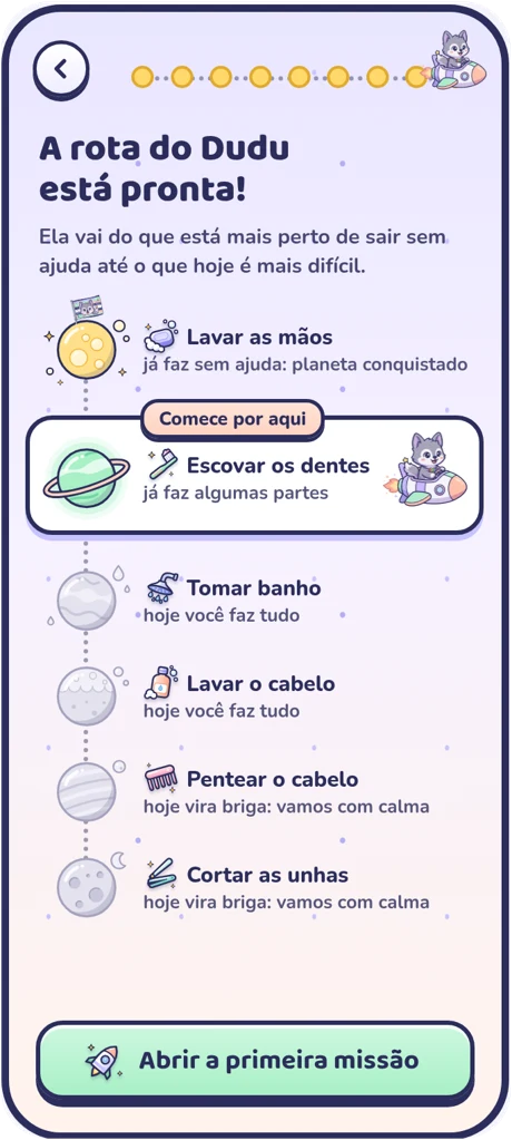 Tela do app: a rota da criança está pronta