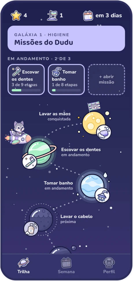 Tela do app: a trilha com os planetas das missões